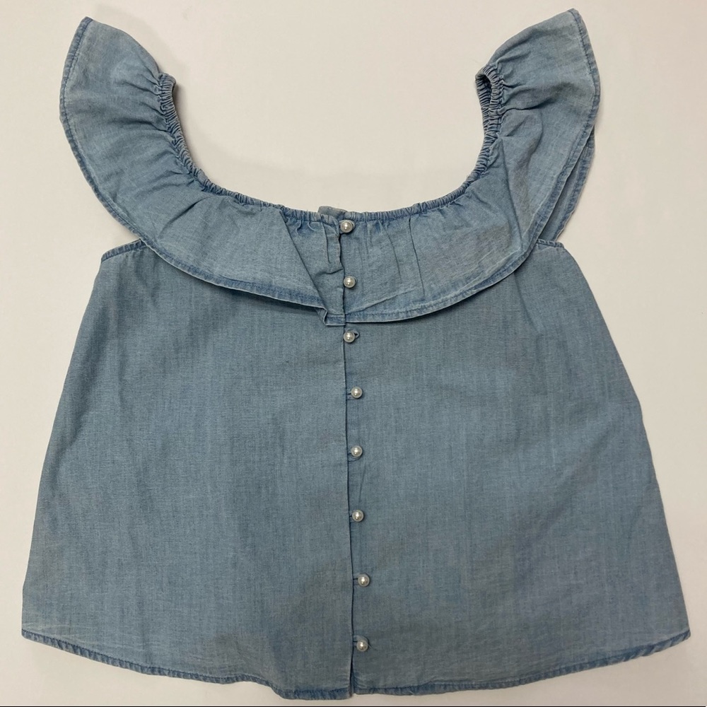 MANGO Denim & Tee Off Shoulder Ruffle Pearl Button Down Top